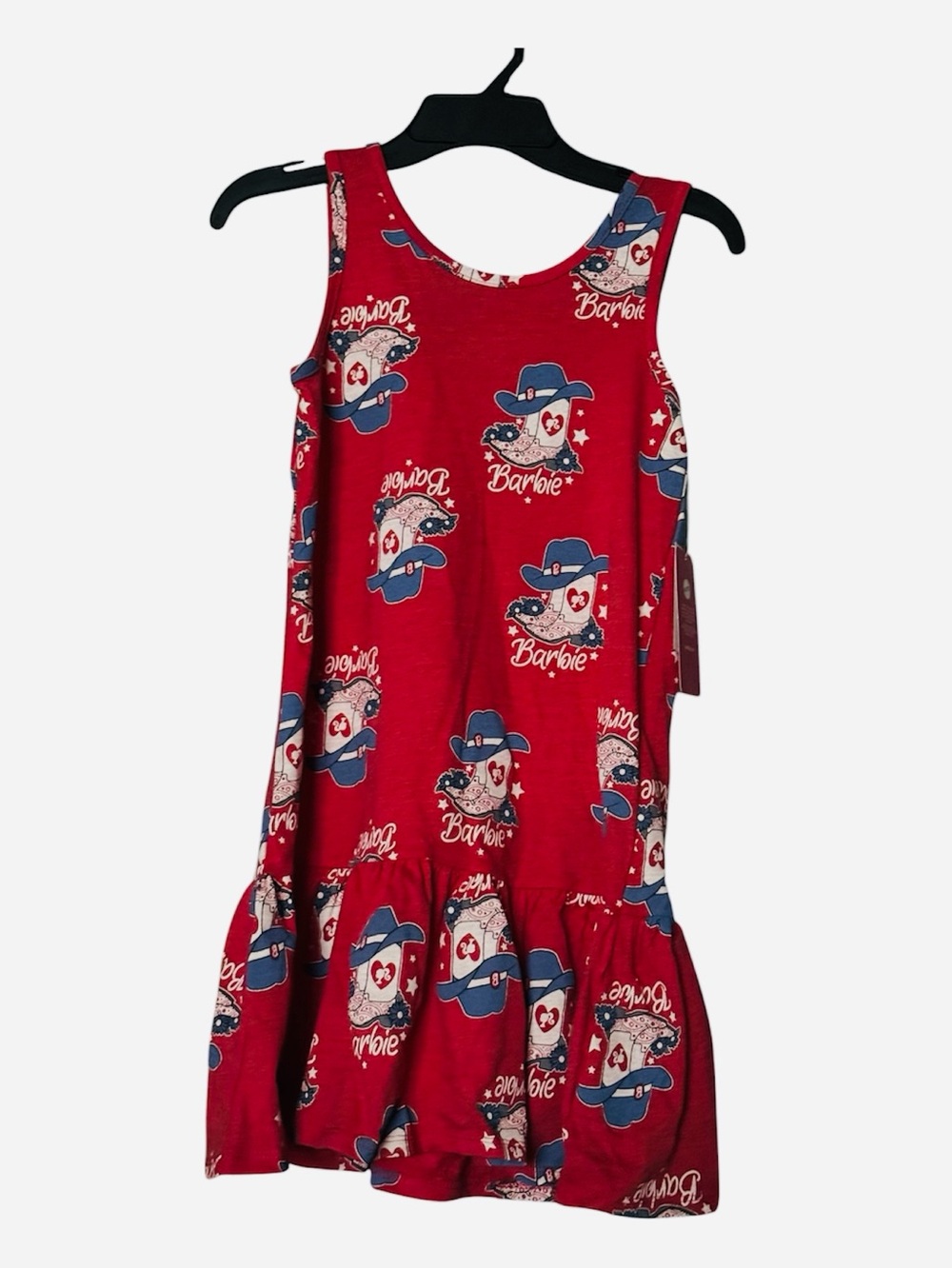 Barbie Red Sleeveless Ruffle-Hem Dress with Red, White, & Blue Cowboy Boots